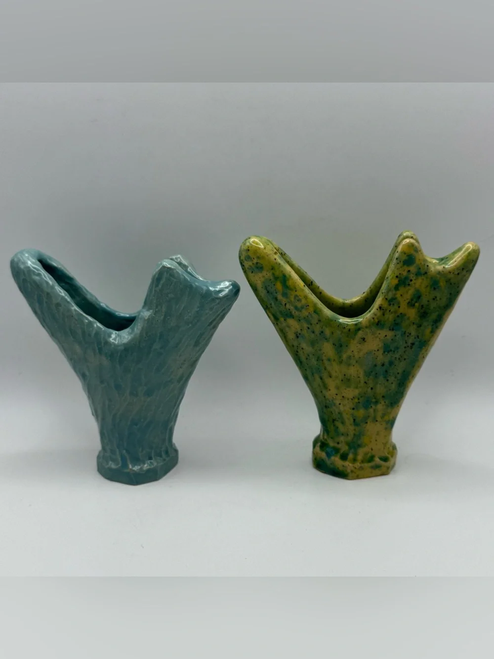 Vintage ML Studio Art Pottery Vases Pair Organic Sculptural Blue Green